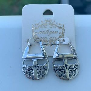 Brand New, Silver and Black Drop Earring with Cross on each. Over an 1” long